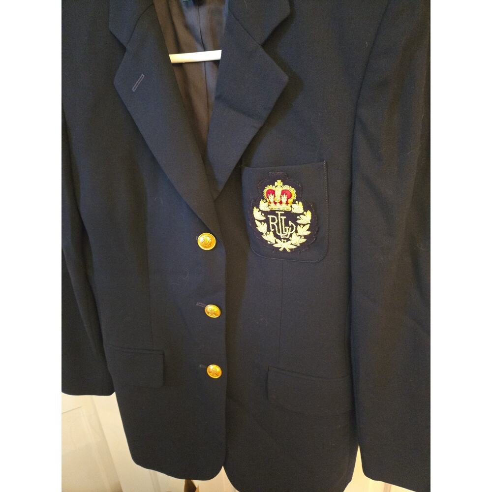 Vintage Lauren Ralph Lauren Crest Blazer Womens 4 Navy Wool Gold Buttons Preppy - Picture 9 of 15